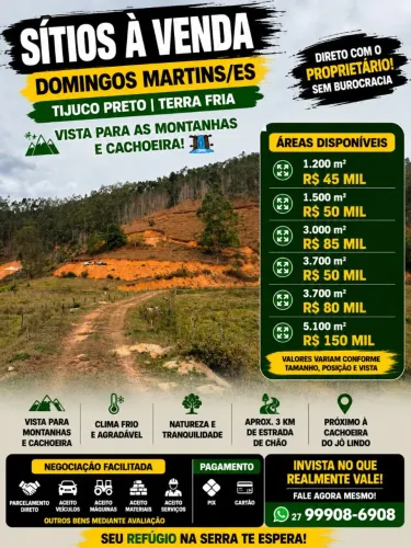 SÍTIOS E TERRENOS EM DOMINGOS MARTINS E TIJUCO - A PARTIR DE R$ 50 MIL, PARCELO, TROCO