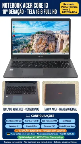 Notebook Acer Core i3 10°Geração/ SSD 128GB/ 8GB/