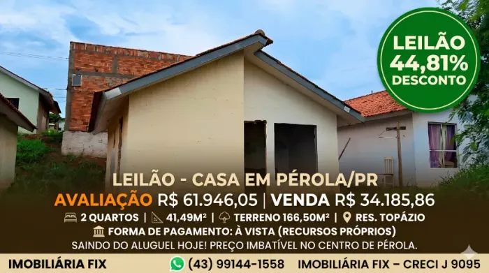 Saindo do aluguel hoje! Preço imbatível no centro de Pérola.