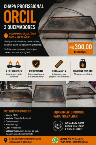 Chapa Profissional ORCIL 2 Queimadores - Excelente para Lanchonete/Restaurante