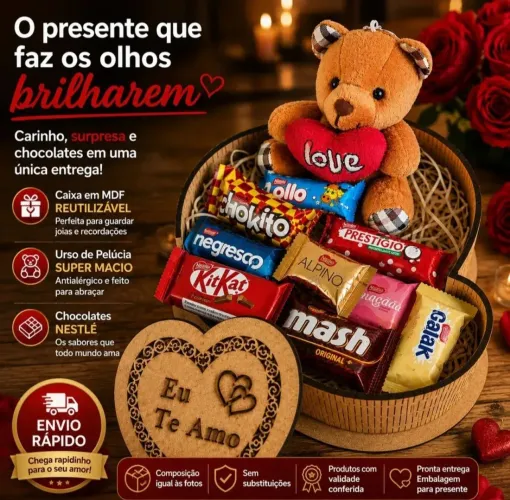 Cesta Chocolate Urso Coração - Dia dos Namorados