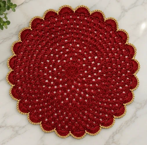 Sousplat de crochê vermelho com borda dourada kit com 4 peças