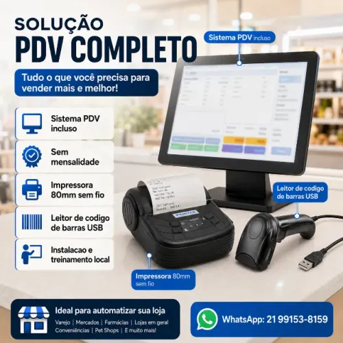 Sistema PDV sem Mensalidade + Impressora 80mm Sem Fio + Leitor de Código