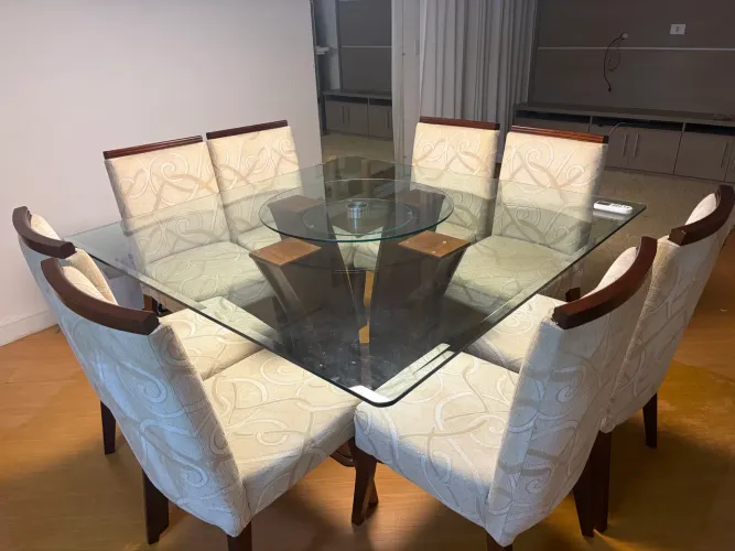 Mesa madeira tampo de vidro temperado 15 mm, oito lugares