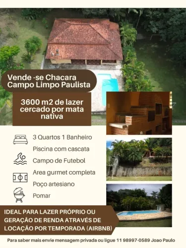 Vende-se Chacara 3600 m2 - Casa com 3 quartos, Lazer completo, Cercado mata nativa