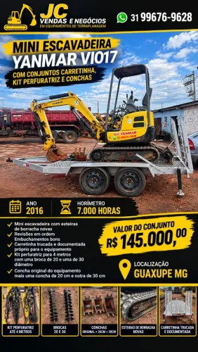 Mini escavadeira Yanmar Vio17, carretinha, perfuratriz e conchas