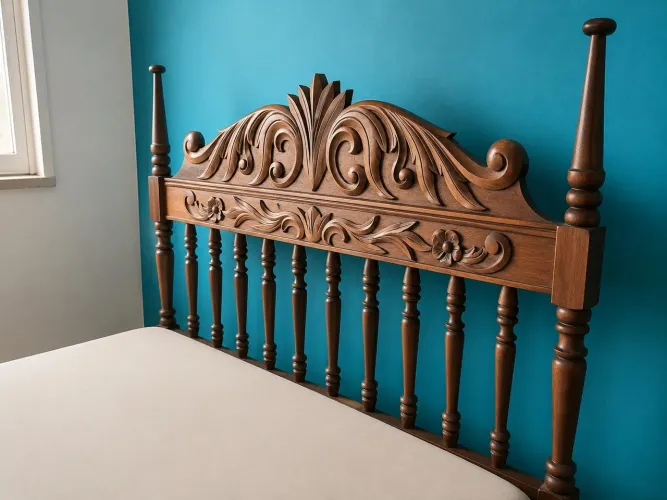 Cama Clássica em Madeira Maciça com Cabeceira Entalhada?