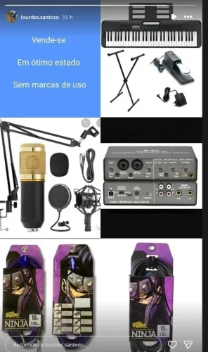 Kit musical completo. Teclado, microfone, interface de áudio...