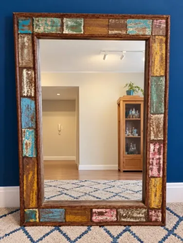 Espelho rústico em madeira de demolição - 105 × 75 cm Peça decorativa artesanal, com moldu