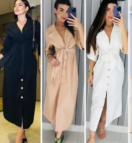 Vestido chemise Midi longo manga 3/4 botões e cinto