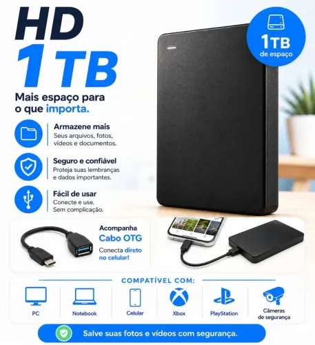 HD Externo de 1TB Novo + Cabo OTG para ligar no celular