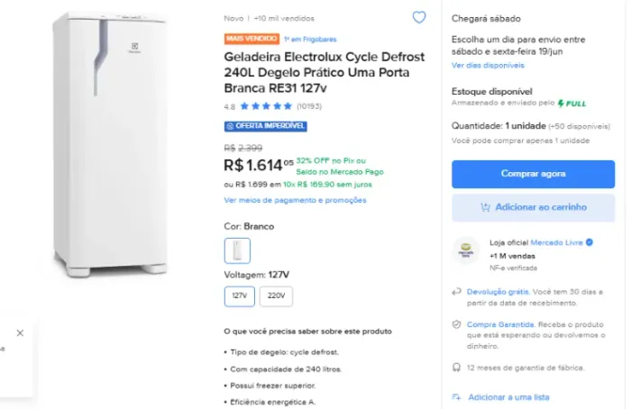 Geladeira Electrolux Cycle Defrost 240L Degelo Prático Branca RE31 - 127V