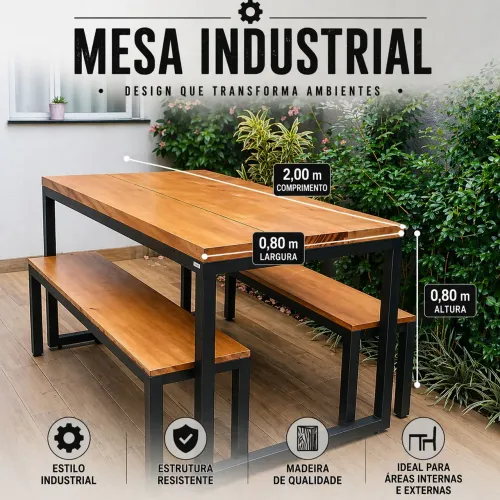 Mesa industrial com 2 bancos