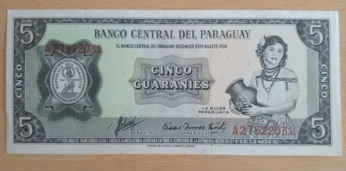 P#195 - 5 Guaranies, cor preta SOB Paraguay