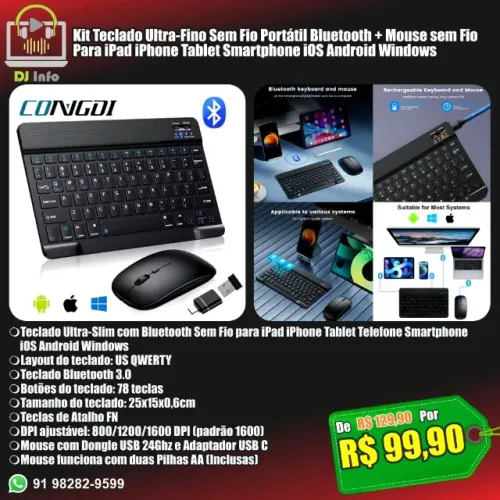 Kit Teclado Ultra-Fino Sem Fio Portátil Bluetooth + Mouse sem Fio