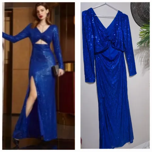 Vestido de festa azul com fenda e brilho