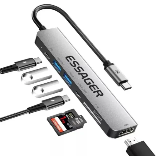 Hub Essager Adaptador 7x1 Usb-c Hdmi 4k Usb 3.2 Pd 60w Sd Tf