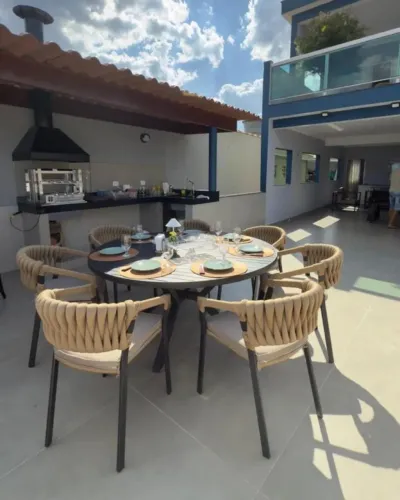 CONJUNTO MESA DE ALUMINIO + 7 CADEIRAS DE CORDA NÁUTICA