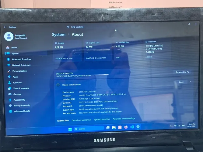 Notebook Samsung ? 4 gb ram 256 gb Ssd