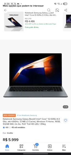 Notebook Samsung Galaxy Book 4 Intel Core i5 1335U Windows 11 Home 16Gb RAM, 512Gb SSD.