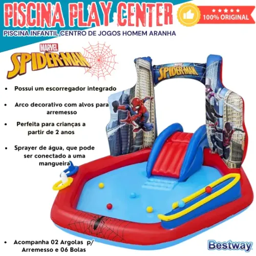 PISCINA INFLÁVEL SPYDERMAN PLAY CENTER HOMEM ARANHA C/ ESCORREGADOR, ARCO COM JATO DE ÁGUA