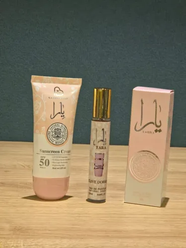 Kit Yara Lattafa (perfume 20mL, protetor solar e hidratante)