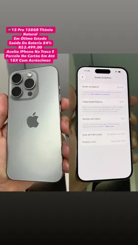 iPhone 15 Pro 128GB Cinza ( Saúde Da Bateria 84% ) Usado