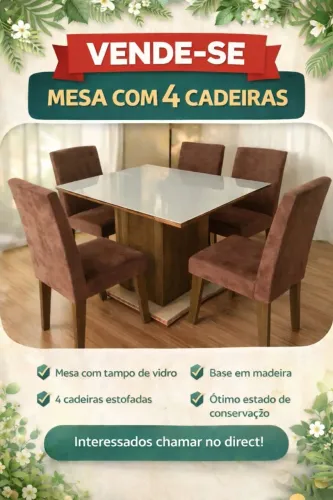 Mesa de jantar com quatro cadeiras, tampa de vidro, seminova.