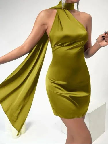 Vestido Drapejado Sem Encosto De Cetim