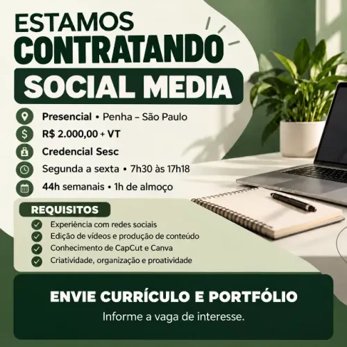 Social Media - Presencial na Penha | R$ 2.000 + VT