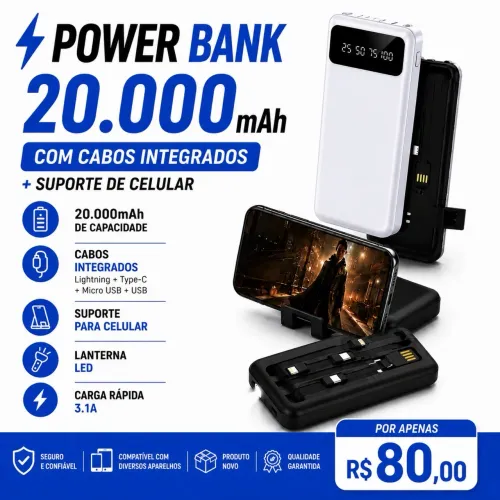 Carregador portátil/power bank 20.000mah Com 4 Cabos/lanterna/suporte