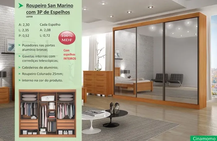 Guarda Roupa San Marino MDF com 3 espelhos