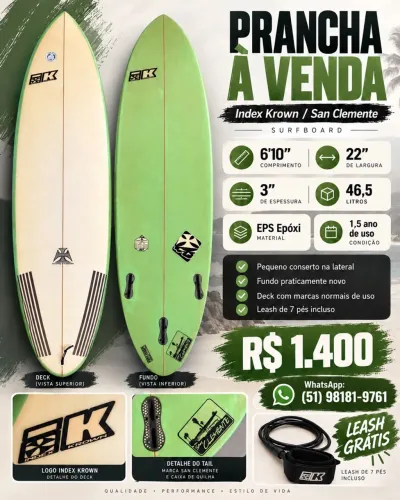 Prancha de Surf Index Krown 6'10 - 46,5L EPS Epóxi + Leash - R$ 1.400