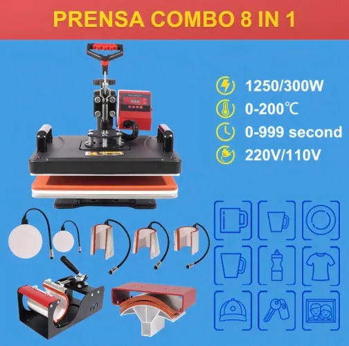 Mecolour Combo 8 em 1 prensa térmica sublimação cor vermelho e preto