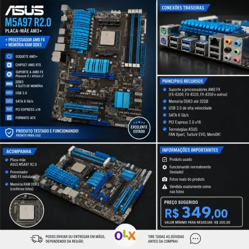 Placa-mãe ASUS M5A97 R2.0 AM3+ DDR3 USB 3.0 SATA 6Gb/s + AMD FX