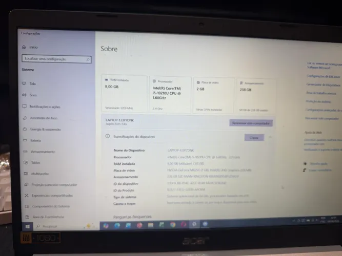 Notebook Acer Aspire 5 - Intel Core i5 10ª Geração | NVIDIA GeForce MX250 | SSD |