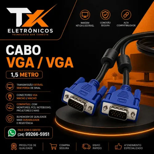 Cabo VGA VGA 1,5metros - Cabo de Videos VGA - Cabo de monitor projetor e etc
