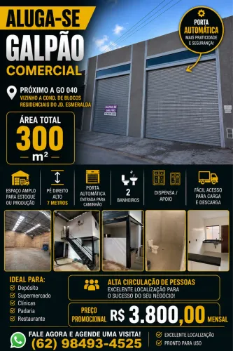 Alugo Galpão Comercial 300m² Próx. GO-040 | Porta Automática | Pé Direito 7m