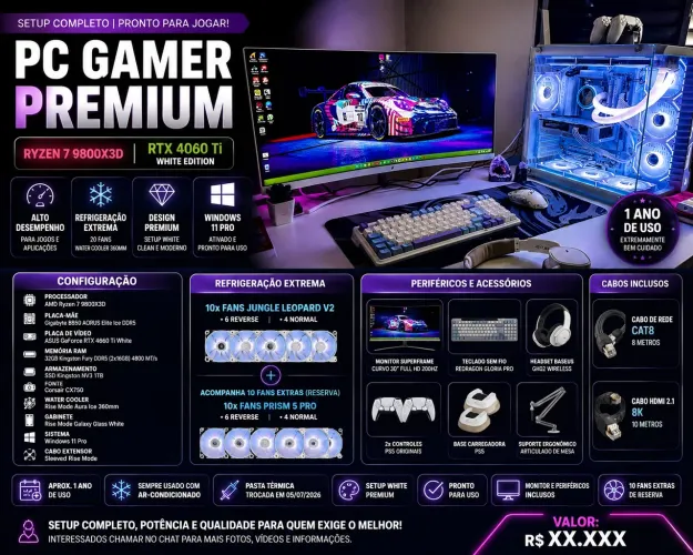 PC GAMER COMPLETO - RYZEN 7 9800X3D + RTX 4060 TI WHITE + 32GB DDR5 + MONITOR 200HZ