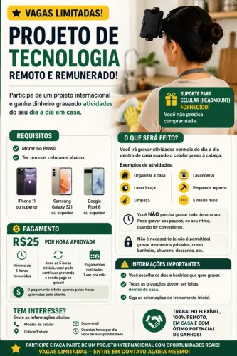 Vaga REMOTA | R$25 por HORA | Vagas limitadas
