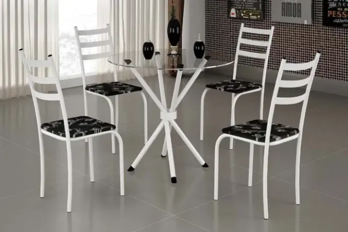 5306.27.1.92 Conjunto Mesa Maraba 75x75 Branco Tmp Vidro Redondo com 4 Cds Branco.Lirio Pr