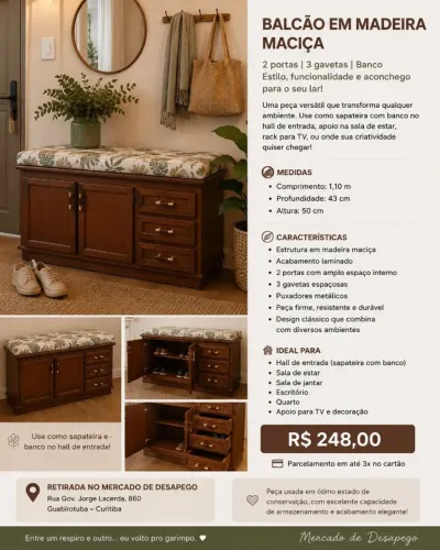  BALCÃO EM MADEIRA MACIÇA COM 2 PORTAS E 3 GAVETAS