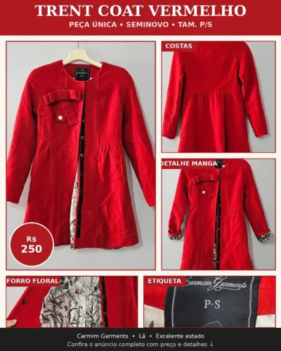 TRENT COAT VERMELHO | Carmim Garments | Tam P/S ? SEMINOVO
