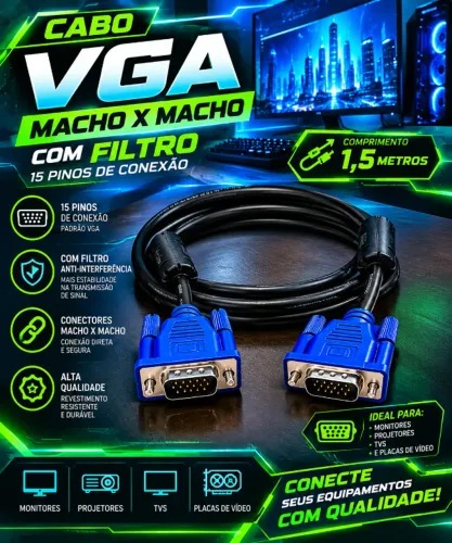 Cabo de Vídeo VGA 1,5m Com Filtro Ferrite 15 Pinos de Conexão