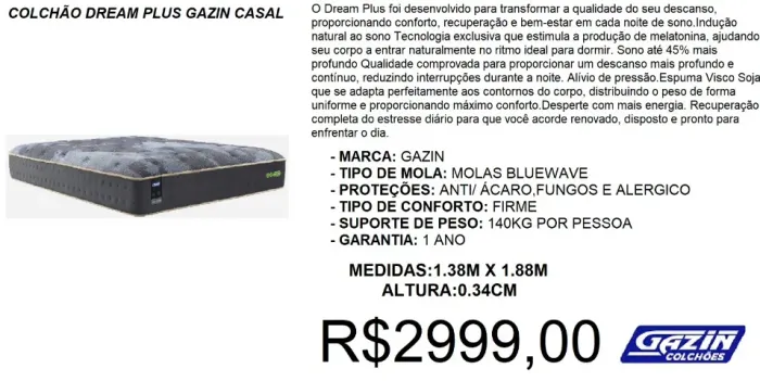 COLCHÃO CASAL MOLAS 34CM ALTURA GAZIN