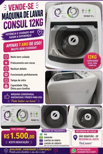 Vendo máquina de lavar 12kg semi nova 1 ano de uso Consul