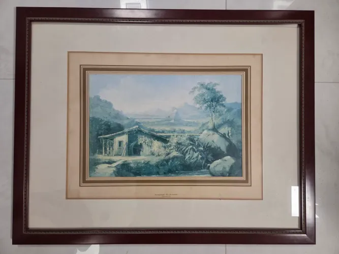 Quadro gravura com proteção em vidro na moldura de madeira