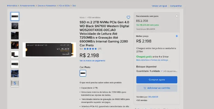 SSD m.2 2TB NVMe PCIe Gen 4.0 WD Black SN7100 Western Digital