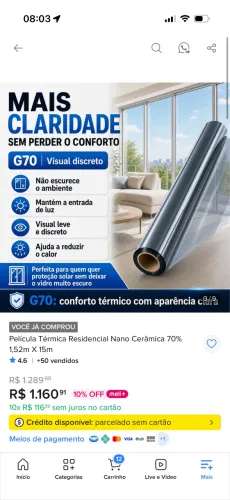 Película térmica Nano Cerâmica 70% 1,52 x 15m