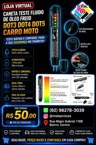 Caneta Teste de Fluído de Óleo de Freio DOT3 / DOT4 / DOT5 - Carro e Moto
